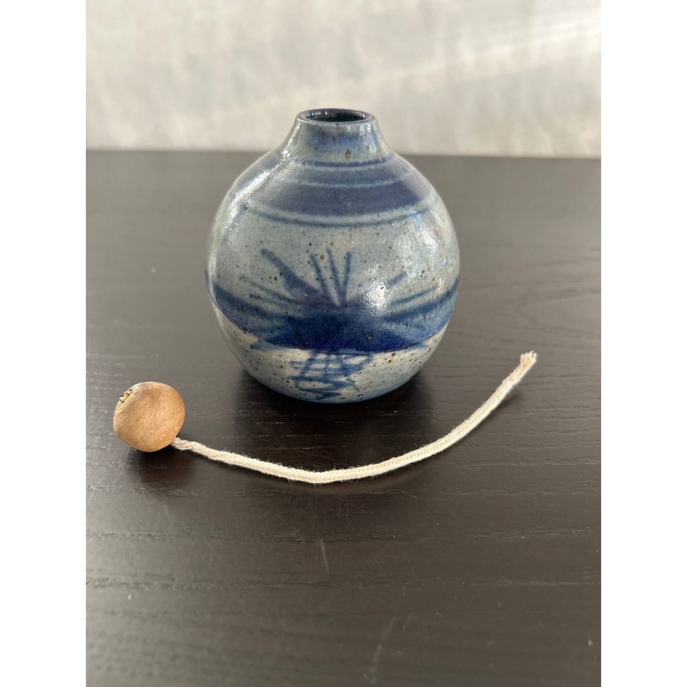 Vintage Studio Pottery Oil Lamp Blue Grey Stoneware Signed Hand Thrown Glazed - Picture 5 of 6